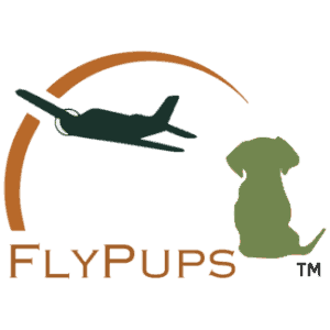 The FlyPups logo, a dog watching a plane fly across a sunset.